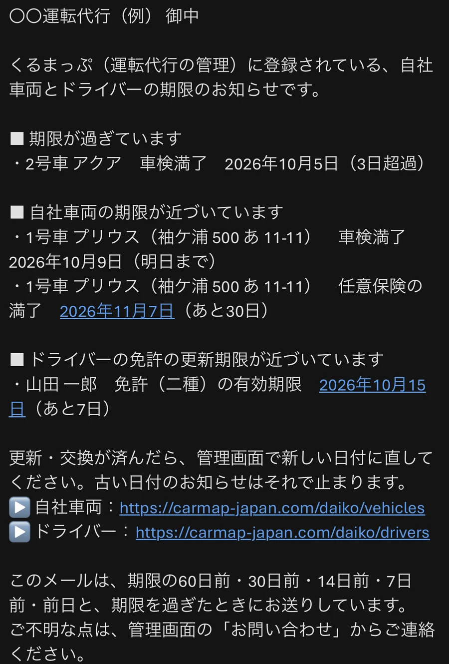 期限のお知らせメール（例）